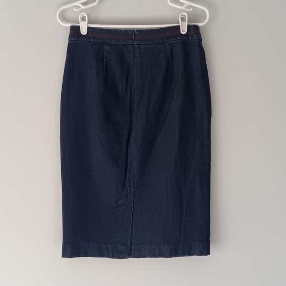 Boden Blue Denim Pencil Midi Skirt Purple Waistband Detail Lined Size 6L - Picture 3 of 10